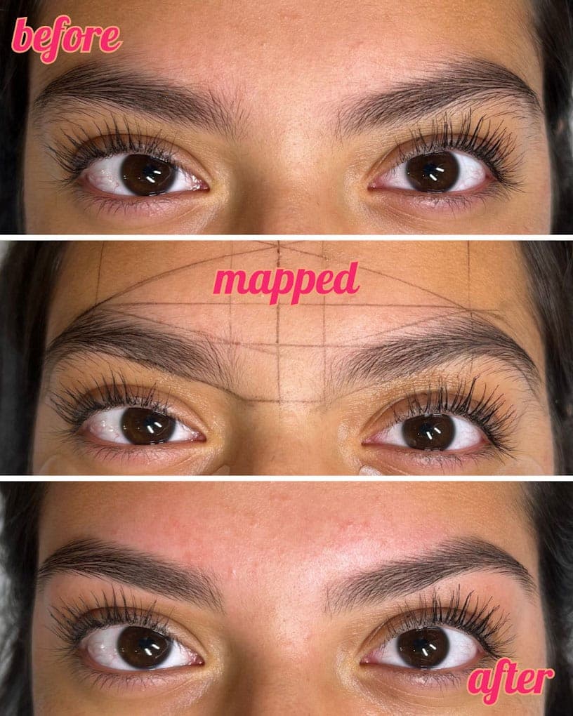 Brows before, mapped with 8-point brow mapping, and after shaping at Sugar Pop Salon